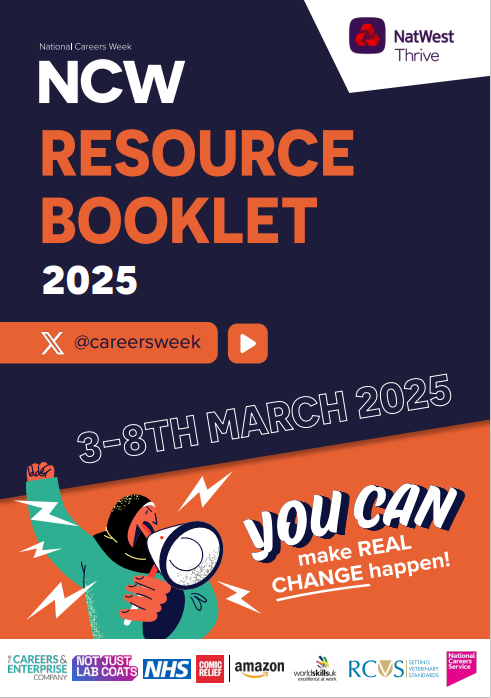 NCW Resource Booklet 2025. You can make real change happen. Graphic of an empowered student holding a megaphone.