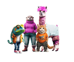 An anthropomorphized chamelon, otter, llama and cat all dressed in casual clothing.